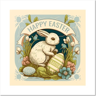 Vintage Easter Bunny Funny Floral Egg Hunting Rabbit Happy Easter Posters and Art